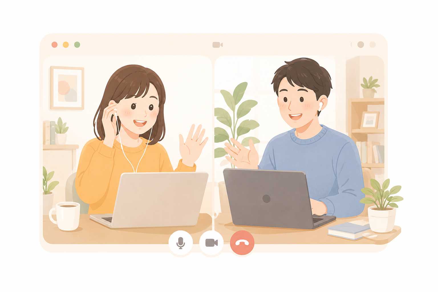 日本人英語学習者どうしが笑顔で英会話をしているイラスト